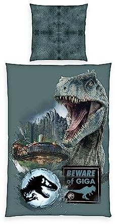 Herding Bettwäsche-Set, Jurassic World, Kopfkissenbezug 80 x 80 cm mit Knöpfen und Wende-Motiv, Bettbezug 135 x 200 cm, Mit Knopfverschluss, 100% Baumwolle/Linon