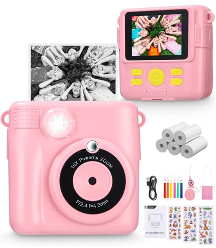 Appareil Photo Enfant Instantanée,1080P,2,4 pouces Appareil Photo pour Enfants, 32GB Carte Mémoire,5 x Papier d'impression, Distance Focale Numérique 16x,Cadeau pour les Garçons et les Filles 3-12 ans