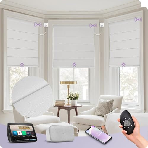 Graywind Customized Smart Roman Blinds Blackout, Hardwired Motorized Window Blinds Compatible with Alexa Google, Remote Control Electric Roman Shades Plain Fold, Matelasse White