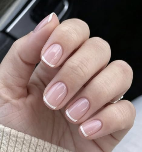 MouyouGlow Press on Nails Kurz,Squoval Nude Natürlich Rosa Weiß French Fake Nails mit Nagelkleber,Natural Pink White Tip Künstliche Fingernägel