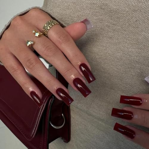 KQueenest Press On Nails Lange Mittel Eckig, Sarg Nägel zum Aufkleben Burgunderrot, Glänzende Jelly-Gel Fake Nails Fingernägel zum aufkleben Ballerina, Einfarbig Acryl Kunstnägel für Frauen, 24 Stück