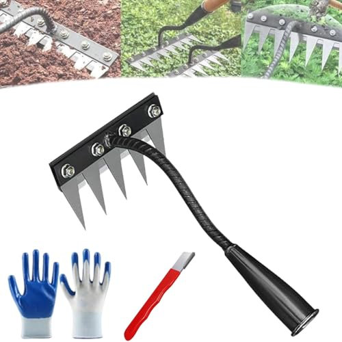 Outil de jardinage 5/6/7/8 dents avec pierre à aiguiser – Râteau en acier au carbone pour désherber, desserrer, semer, inoxydable, portable, pour jardin, cour et entretien de la pelouse (5 dents)