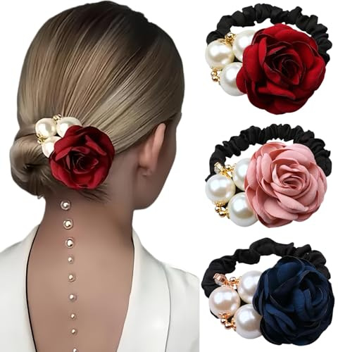 Ypkia 3 piezas de goma para el pelo con flores y perlas, banda elástica para moños, para mujeres y niñas