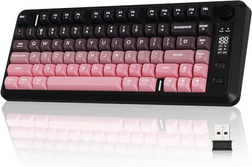 FREEWOLF M75 trådlöst tangentbord med dubbla lägen, Bluetooth+2.4G, vredkontroll och skärm, 82-tangenters kompakta PBT-tonade tangenter, regnbågsljus, 2000mAh, full anti-ghosting för Mac/Win-Rosa