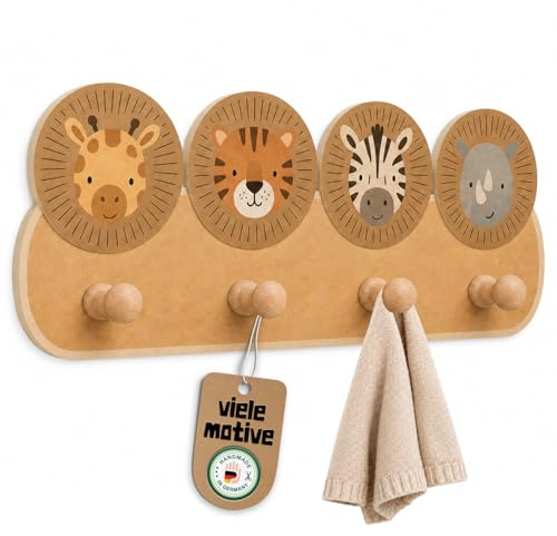 Kindergardroben mit 4 Haken - Wandgarderobe mit Tiermotiven für Kinderzimmer - Garderobenhaken aus Holz - Kinder Garderobe „skady“ zum bohren - Kleiderhaken aus Buche - Maße ca. 39 x 15 x 5cm