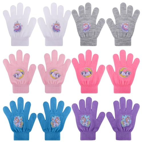 QKURT 6 Paires de Moufles Enfant, Moufles Licorne Enfant, mitaines Thermiques Hiver, Gants Magiques Tout-Petits, Gants Extensibles Doigts Complets, mitaines Tricotées Garçons Filles, 4-12 Ans