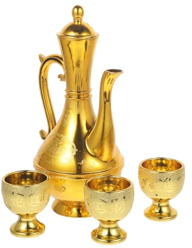 SHINEOFI Buddhist Offering Cup Set 4pcs Vintage Glass Water Offering Bowl and Kettle Decorative Altar Chalice for Rituals and Puja Home Use