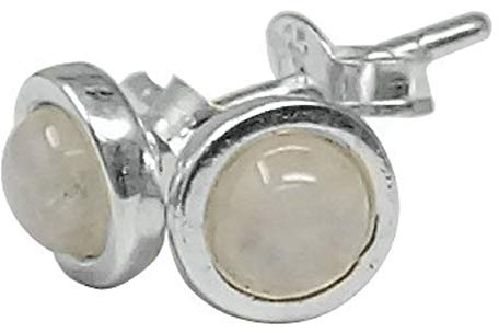 Mondstein Ohrstecker Cabochon, rund 6 mm, 925er Silber, Edelstein Ohrringe Sterling Silber