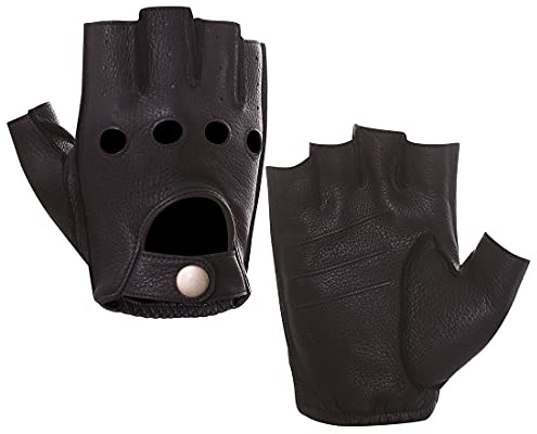 Harssidanzar Herren Halbfinger Lederhandschuhe für fahren Fingerlose Hirschleder ungefüttert Handschuhe GM005A,Braun,Größe M