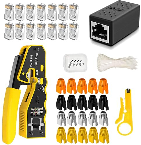 LUBEIN Cat6 Crimper Cat5/Cat5e Crimping Tool Kit RJ45 Crimp Tool Set for RJ11/RJ12 Pass Through for Regular End-Pass-Through with Connectors Covers Network Wire Stripper (Yellow)