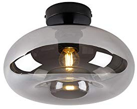 Qazqa Art Deco Deckenleuchte, Deckenlampe - Busa - Schwarz mit Rauchglas, Rund, 28cm, Ideal als Flur, Schlafzimmerlampe und Wohnzimmerlampe