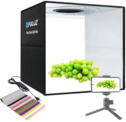 Photo Studio Light Box 16in/40cm PULUZ Portable Photography Light Box Foldable Shooting Tent Box Photo Light Box, With 3 Color Temperature Dimmable Ring LED Light,12 Colors Backdrops