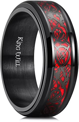King Will Schwarzer Fidget Ring Keltischer Drachen Spinner Ring Edelstahlring mit blauem/rotem/lilaem Kohlefaser-Inlay, 8mm Angstring für Männer und Frauen