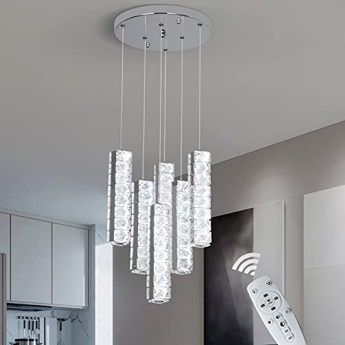 Vinilky Crystal Pendant Light, 3 Color Dimmable LED Hanging Light Height Adjustable Modern Pendant Ceiling Light Fixture for Kitchen Island, Dining Room, Living Room, Bedroom (6-Lights, with Remote)