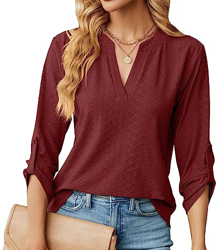 Heersan 3/4 Ärmel Damen Bluse mit V-Ausschnitt, Lässig Elegant Shirts, Jacquard Stoff, Oberteil für Business Casual, Büro, Freizeit Tunika Tops