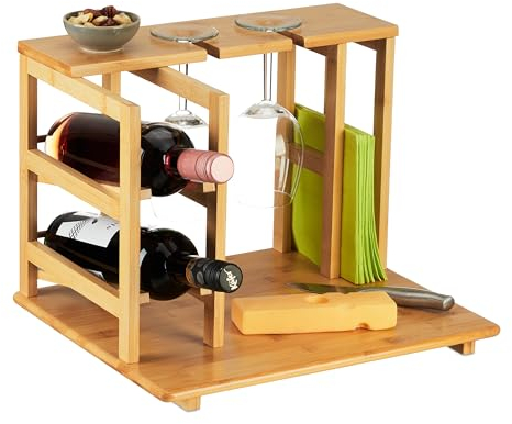 Relaxdays Tabla de Quesos con Soporte de Botellas y Copas, Jamón, Embutido, Servilletero Bambú, 26,5x40,5x33cm, Natural
