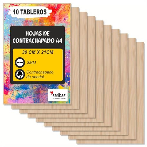 Pack 10 Piezas de Tablero Contrachapado de 3mm - Medidas 20x30 cm A4 3mm - Ideal Para Laser, CNC - Manualidades y Bicolaje - Modelismo, Decoraciones, Regalos, Pirograbado - Madera de Primera Linea.
