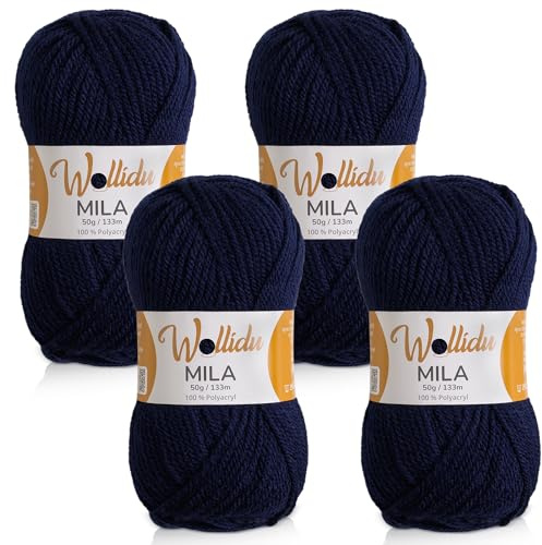 Wollidu Mila Garn zum Häkeln und Stricken 4 x 50g/133m Strickgarn 100% Polyacryl Häkelgarn Marine Blau