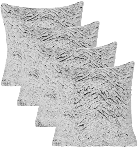OHS Sofa Cushion Covers, Faux Fur Two-Tone Fluffy Throw Pillow Covers 45 x 45 Ultra Soft Decorative Square Sofa Cushions for Living Room Bedroom - Set of 4, Grey