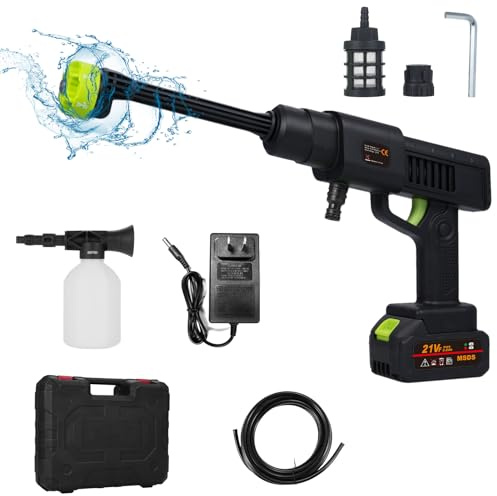 Shkalacar 21 V limpiador de alta presión con batería, pistola de limpieza a presión manual con 1 batería, batería incluida, con boquilla 6-en-1, rociador de espuma portátil para regar, limpiar, lavar