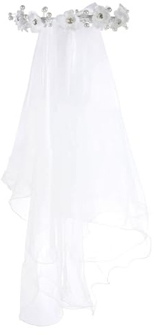 Merroyal Girls First Communion Veil with Floral Crown, White Tulle, 17 cm Crown, 61 cm Veil, One Size