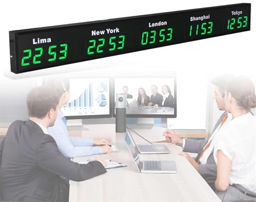 XRSMOU Grand Horloge Mondiale Numérique LED, Horloge Multicolore pour Plusieurs Fuseaux Horaires, Coque en Aluminium, pour Hôtels, Entreprises, Aéroports (Green 5City)