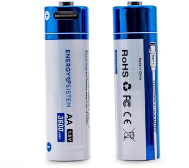 Energy Sistem Charge Pro C AA - Pilas Recargables en Tan Solo 2.5 Horas con Capacidad 3600 mWh / 2400 mAh y Carga Type C