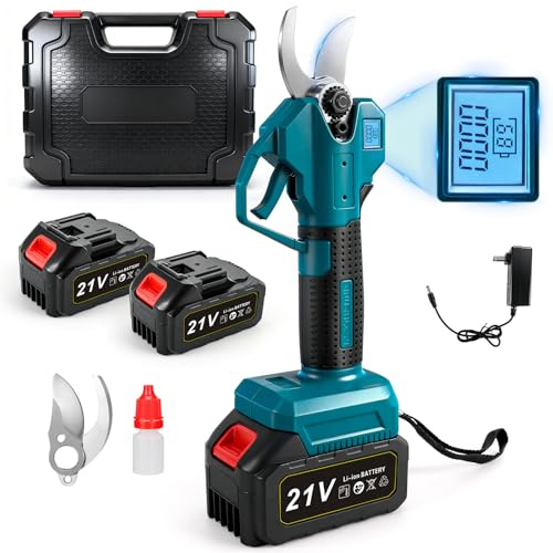Akku Astschere, 30mm Drahtlose Elektrisch Gartenschere mit mit 2x2000mAh Akkus, LCD Display, Bürstenlosen Motor, Ersatzklingen, Elektrische Baumschere für Garten, Äste und Obstbäume