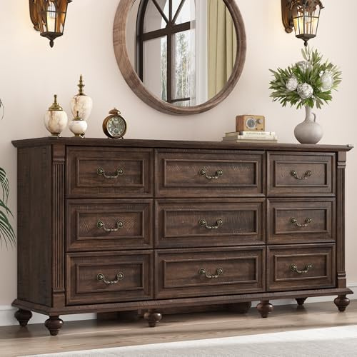 St.Mandyu 63 Farmhouse 9 Drawer Dresser for Bedroom with 6 Gourd Feet and Roman Column Decor, Wide Wood Country Rustic Chest of Drawers, Storage Dressers for Bedroom, Living Room, Rustic Brown