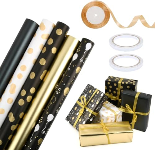 BOPEUY 5 Rouleau Papier Cadeau, 3m x 43cm Papier Cadeau Doré Noir Blanc perle, Papier Cadeaux Rouleau avec Ballons et Pois, Ouleau D'emballage Décoratif, Papier Cadeaux pour Noël Anniversaire Mariage