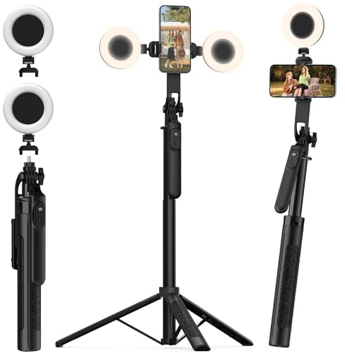 71 Phone Tripod with 2 LED Fill Lights, All-in-one Extendable Selfie Stick with Detachable Remote & Phone Holder for iPhone, Android, Camera & GoPro