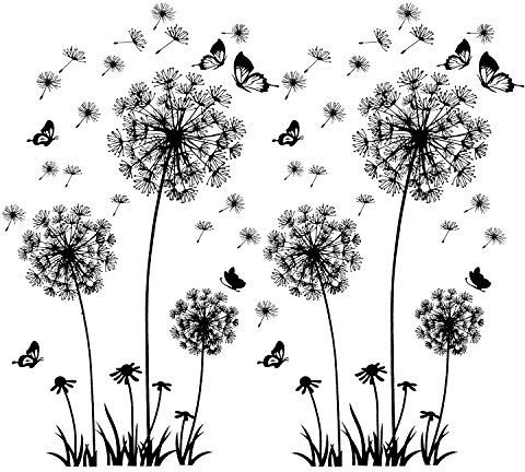 2 Stück Schwarz Wandtattoo Pusteblumen für Wanddeko, XXL Groß Löwenzahn Blumen Pflanzen Wandsticker Wandaufkleber Kleben Aufkleber Wandbilder für Wohnzimmer Schlafzimmer Vorraum Fenster 165X130cm