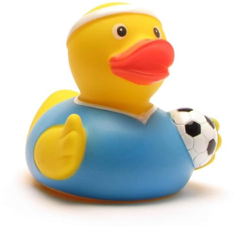 Duckshop I Badeente Fußballer blaues Trikot I Quietscheente I L: 7,5 cm I Quietscheetchen I Geschenk für Fußball-Fans I Präsent Sportler