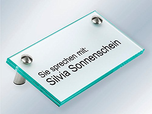 Tischaufsteller, Namensschild, Empfangsschild, ESG-Glas, 155x80x4 mm, 30° Aufstellwinkel, Schilderhalter Edelstahl mit gewölbtem Kopf