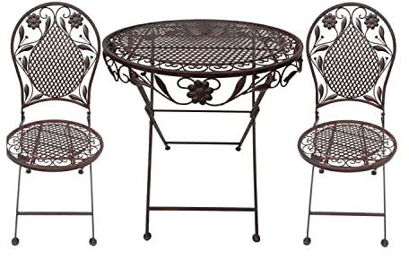 Mojawo Bistroset aus Eisen Terrassenset 1 x Tisch + 2 Stühle Antik Design Sitzbank im Landhausstil Farbe Braun
