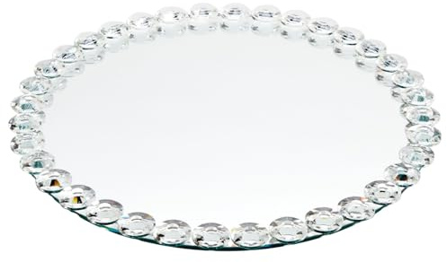 Okuna Outpost 12 in Crystal Bead Round Mirror Tray to Display Perfume, Jewelry, Candles, Bling Serving Tray for Bathroom, Living Room, Office, Vanity, Home Decor