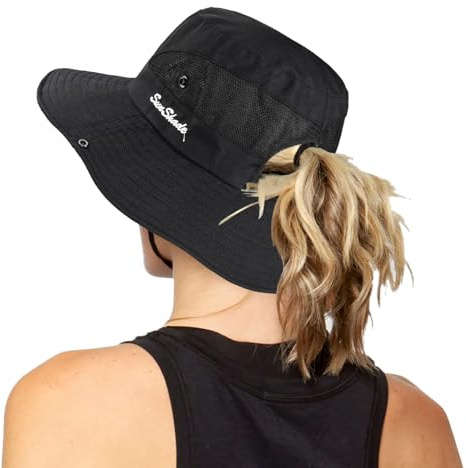 Damen Outdoor UV-Schutz Faltbare Sonnenhüte Mesh Breiter Rand Strand Fischerhut mit Pferdeschwanzloch