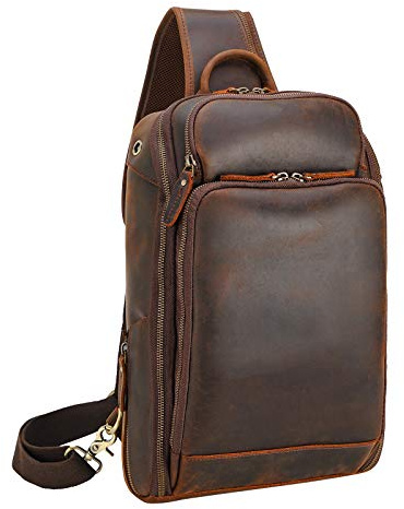Polare Men's Sling Bag Travel Outdoor Daypack Backpack with Full Grain Leather Fits 13.3'' 14.1'' Laptop