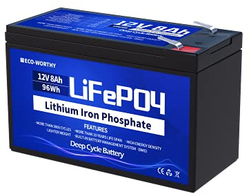 ECO-Worthy 8 Ah, 12 V, wiederaufladbarer Lithium-Akku, 3000 Mal tiefer Zyklus, Solarenergie, Windkraftanlage
