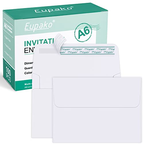 Eupako A6 weiße Briefumschläge, 100 Stück, selbstklebende Umschläge für 10 x 15 cm Karten, Fotos, Einladungen, Hochzeit, Abschlussfeier, Babyparty, Antwortkarten, 16,5 x 12,9 cm