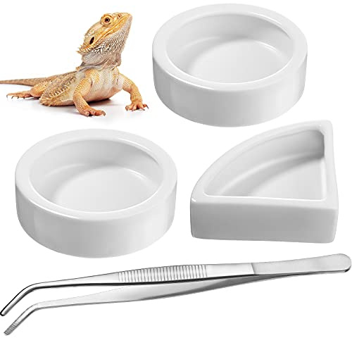 Boao 4 Pcs Reptile Food Water Bowl Set, 2 Round Reptile Food Dish 1 Corner Water Dish and 1 Feeding Tongs for Bearded Dragon Leopard Gecko Hermit Crab Chameleon Lizard Tortoise Spider Pet
