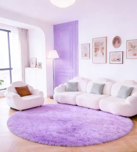 Rohatim Matta med lång lugg, rund, vardagsrum, supermjuk lurvig matta, fluffig, sovrumsmattor, barnmatta (violett, 120 x 120 cm)