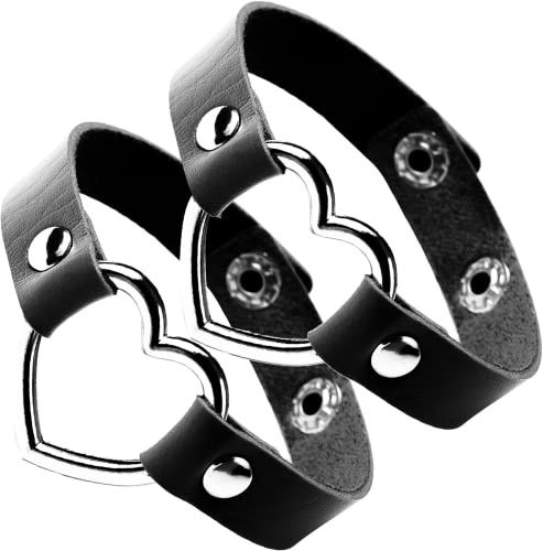 Manfnee Leder Nietenarmband Punk Spike Rivet Manschette Schwarzes Metallarmband mit Herz-Druckknopf