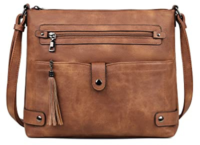 FADEON Large Crossbody Bags Purses for Women Crossbody Bag, Designer Faux Leather Cross Body Purse Multi Pocket Shoulder Bag Brown