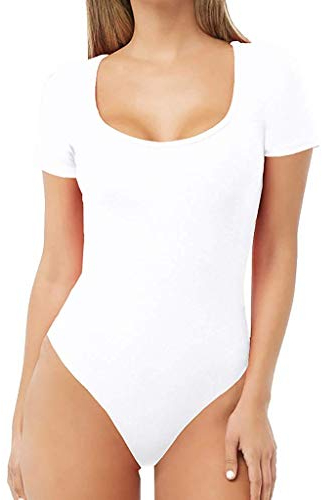 Damenbody mit Kurze Ärmel und Rundhals Damen Tshirt Overall Bodysuit Unterzieh-Body optimale Passform Sportlicher Tanz-Body für Frauen (Weiß, L)