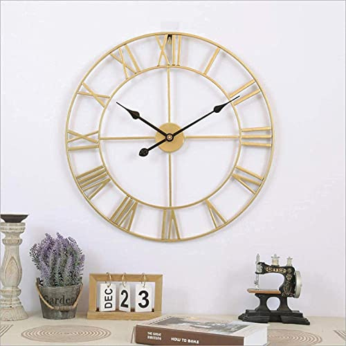 ATAAY Large Outdoor Garden Wall Clock Big Roman Numerals Giant Open Face Metal Golden wrought iron wall clock-16 inch/40cm