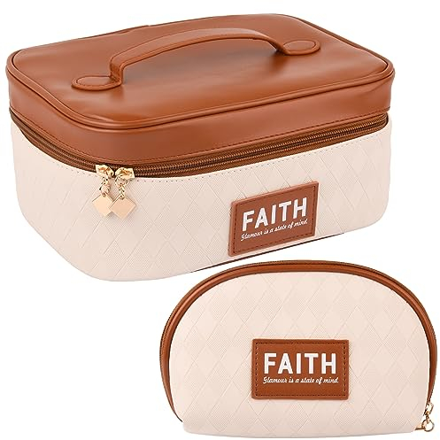 AnSun Kosmetiktasche Damen Reise Schminktasche Groß Make Up Tasche Organizer mit Bürstenfach Kulturtasche PU Leder Tragbare Makeup Bag (2 Pack)