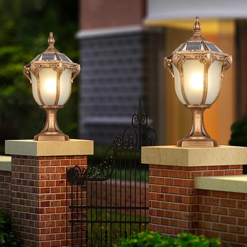SLAWA 2 Packs Solar Pillar Lamps 18.1In Outdoor Post Caps Light Solar Power Post Lighting Bronze Column Lamps with Glass Waterproof Landscape Lighting Fence Deck Bollard Light Mailbox Yard Path Lamp