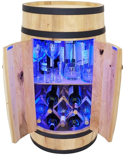 weeco - Barrel Bar with Door and Wine Holder RGB LED Lighting - Rustic Decorative Wine Rack Cabinet - 80 cm Wooden Barrel