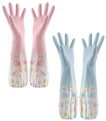 BZKSER Hand Household Gloves – 2 Pairs Long Rubber Cleaning Gloves, Latex-Free with Cotton Lining for Dishwashing, Laundry Cleaning, Bathroom, Car (Medium Size)